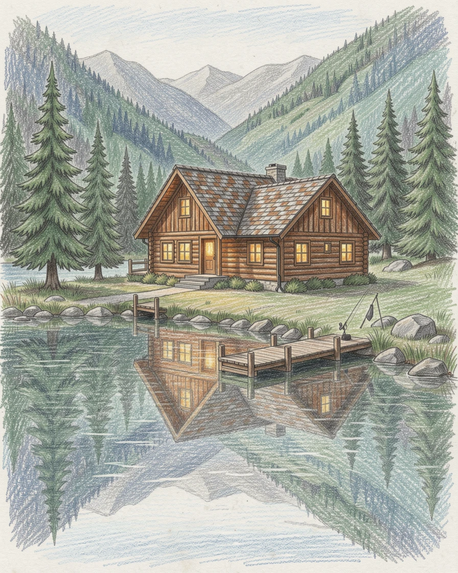A quiet mountain fishing lodge reflected in a still lake, with rich, inviting textures throughout the scene, radiating comfort, joy, and quiet beauty.