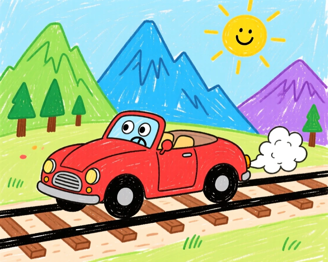 A vintage red convertible chugging along tracks beside a mountain range.