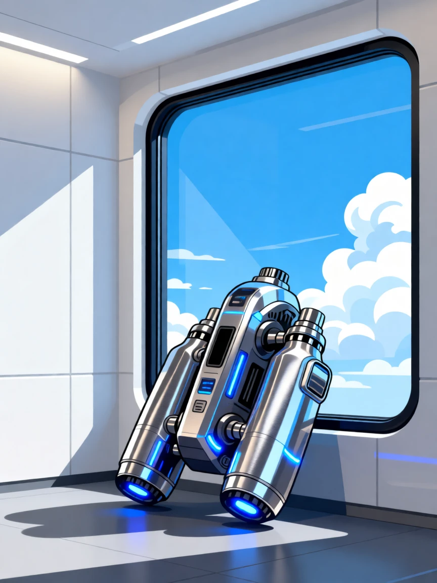 A futuristic jetpack resting beside an open sky window, set within a sleek, softly lit modern space, framed with a crisp, high-clarity central focus, with sleek metallic textures catching soft light.