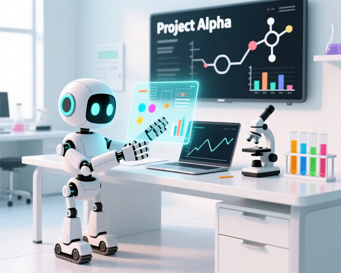 A small robot collaborating on a project in a bright research lab.