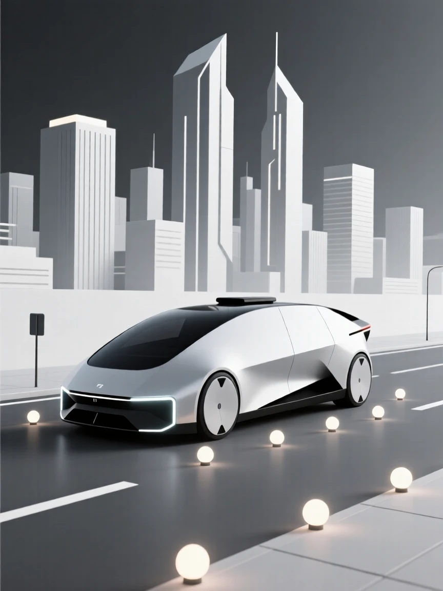 A sleek autonomous vehicle on a city street placed in a futuristic city skyline, surrounded by glowing indicator lights, conveying precise engineering.