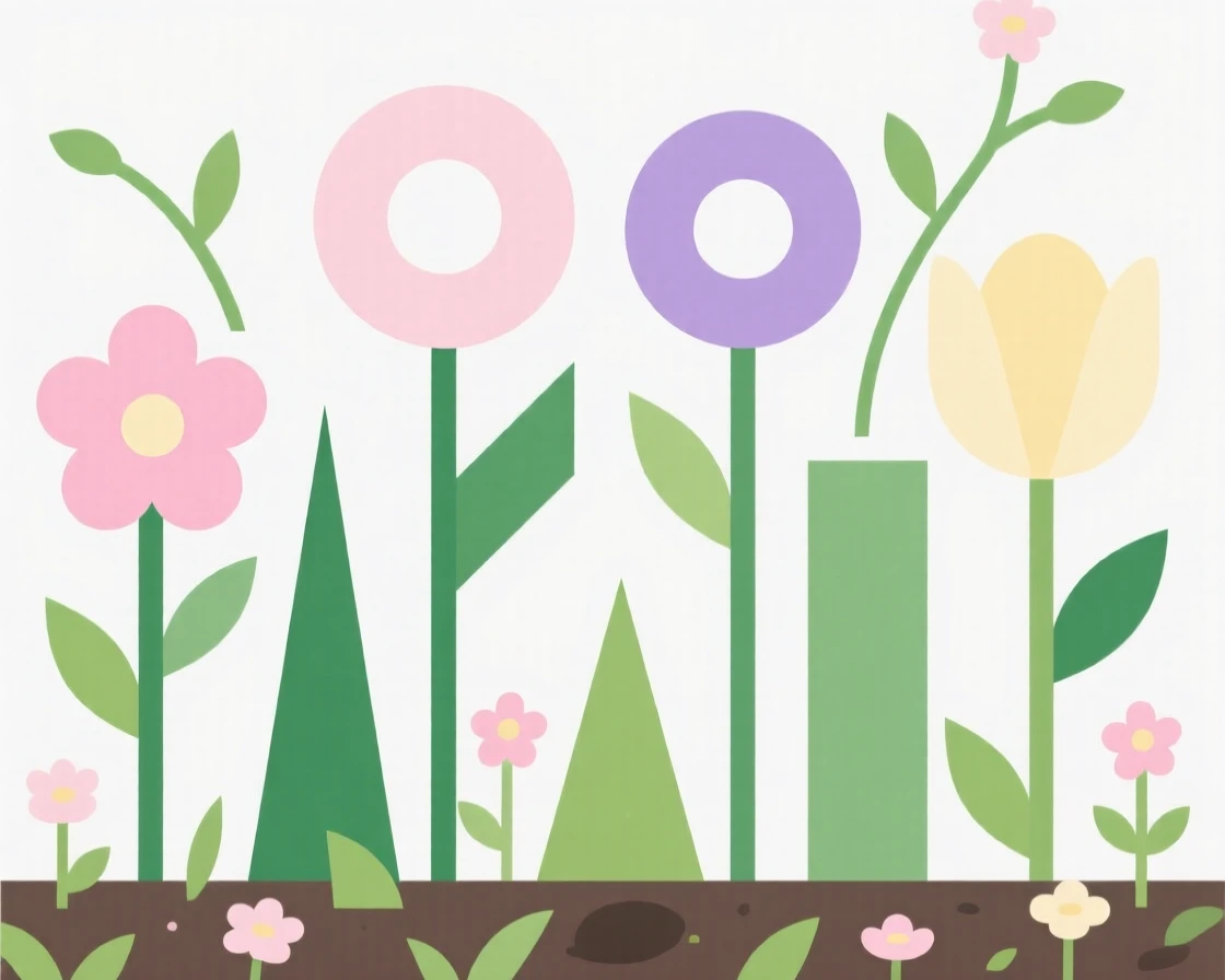 A spring garden with budding flowers and green shoots