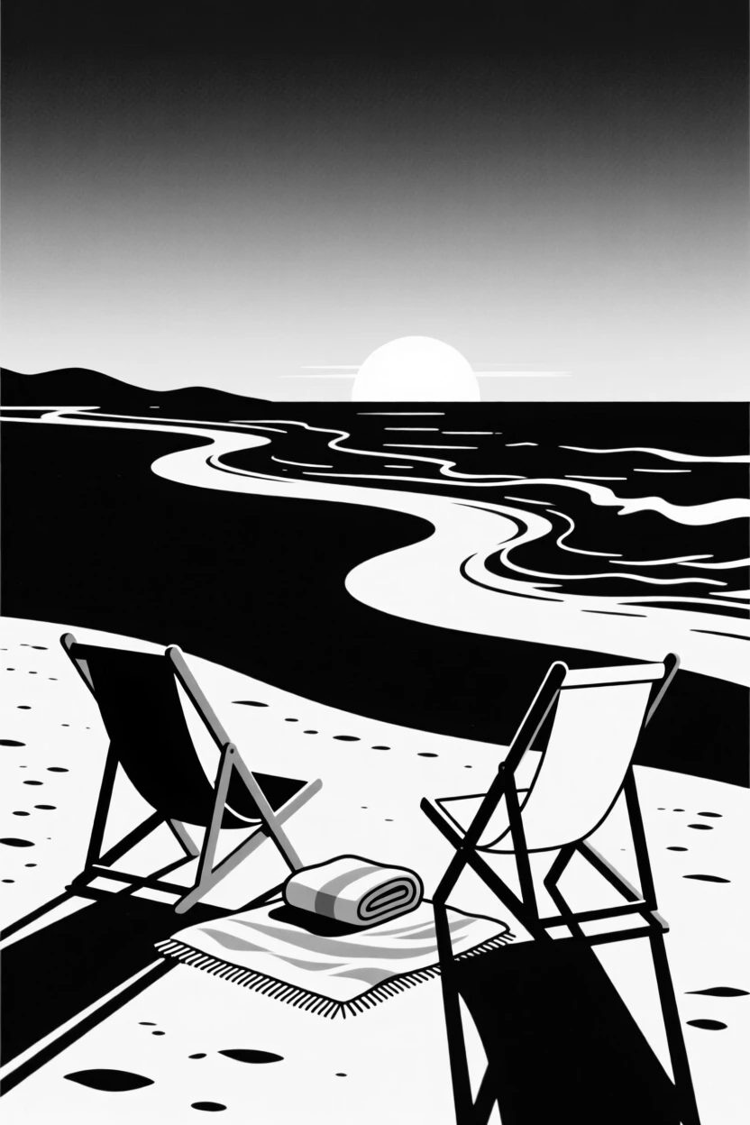 A quiet beach at sunset with two chairs and a blanket.