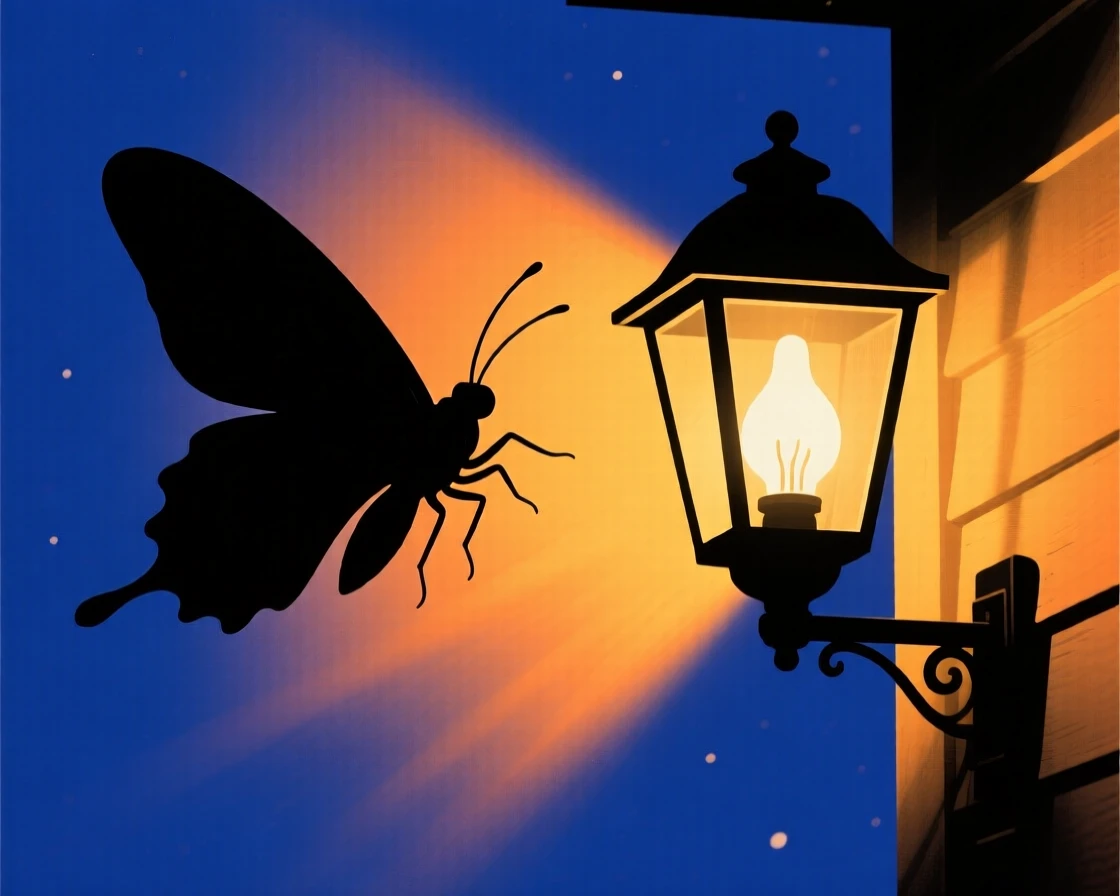 A single moth drawn toward the glow of a porch light at night.