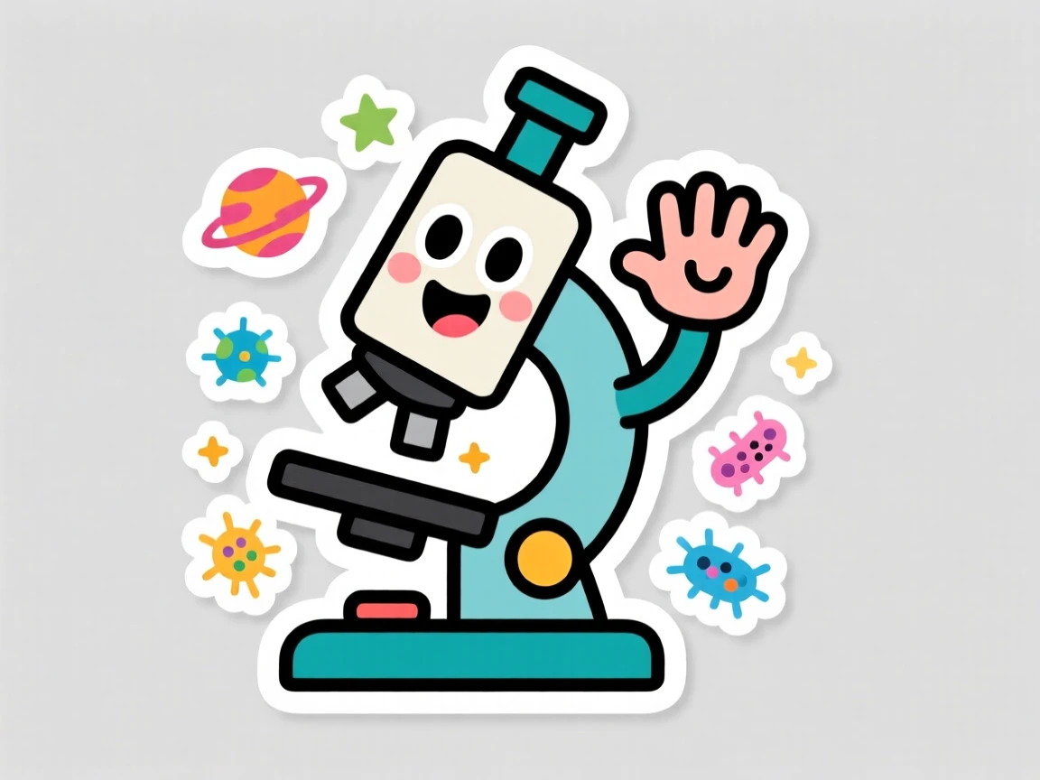 A fun and approachable friendly cartoon microscope exploring tiny worlds, waving hello with excitement, perfect for a classroom or nursery.
