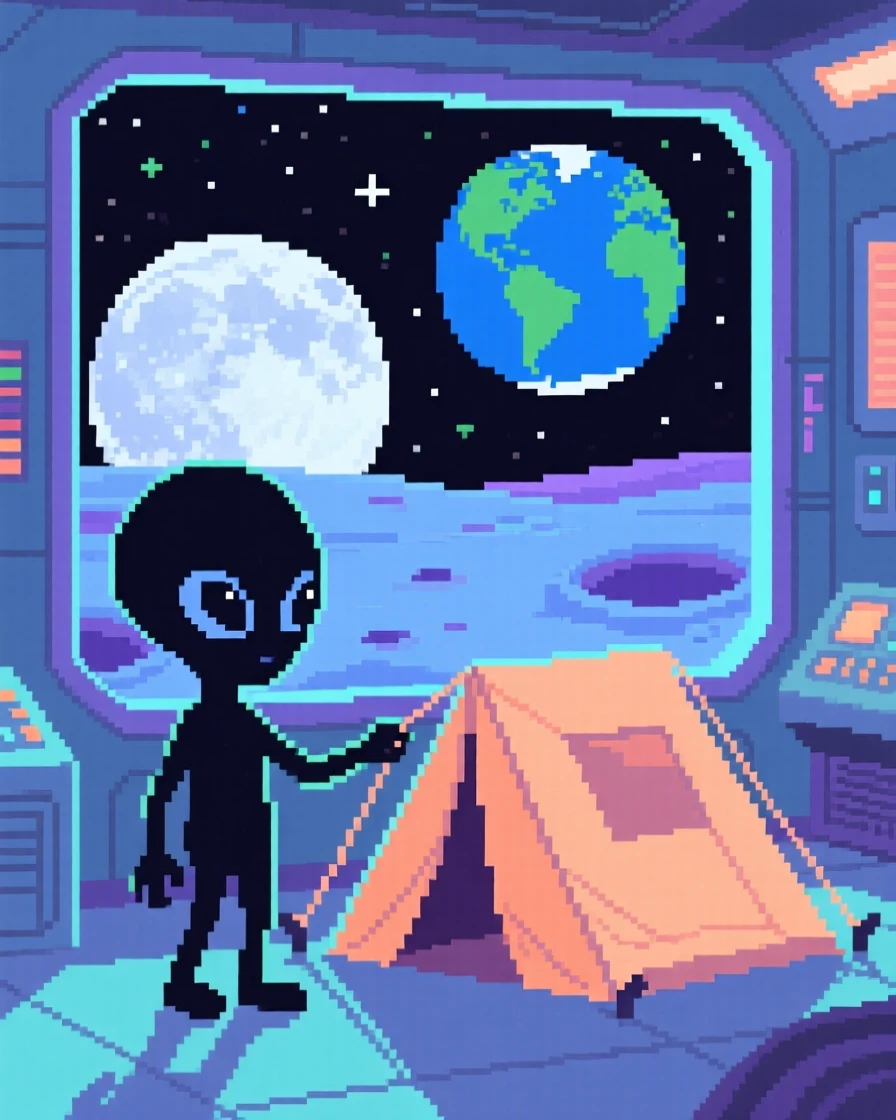 A curious alien child setting up camp on a quiet alien moon, inside a space station overlooking Earth.