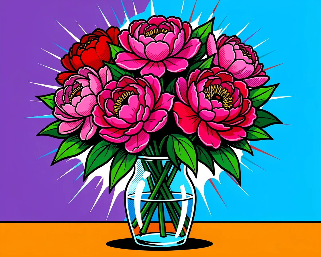 A bouquet of peonies arranged in a glass vase