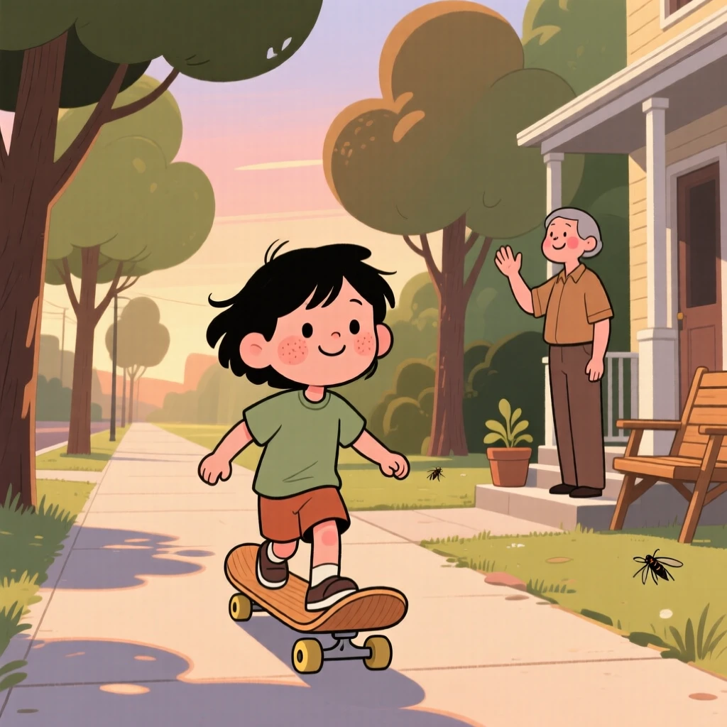 A child rides a skateboard down a tree-lined sidewalk on a warm summer evening, waving to a neighbor as the hum of cicadas drifts from a nearby porch.