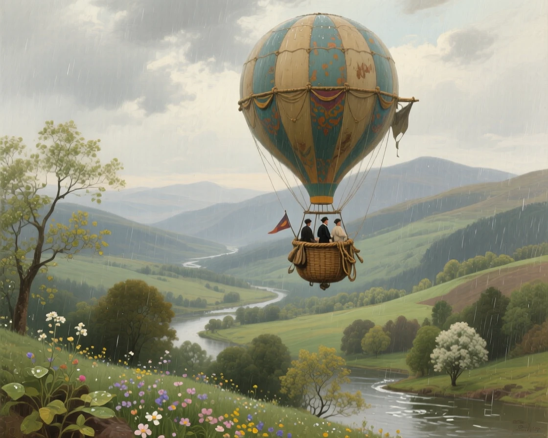 A broad landscape view of a hot air balloon expedition drifting over an uncharted valley, during a gentle spring shower, in the Edwardian era.