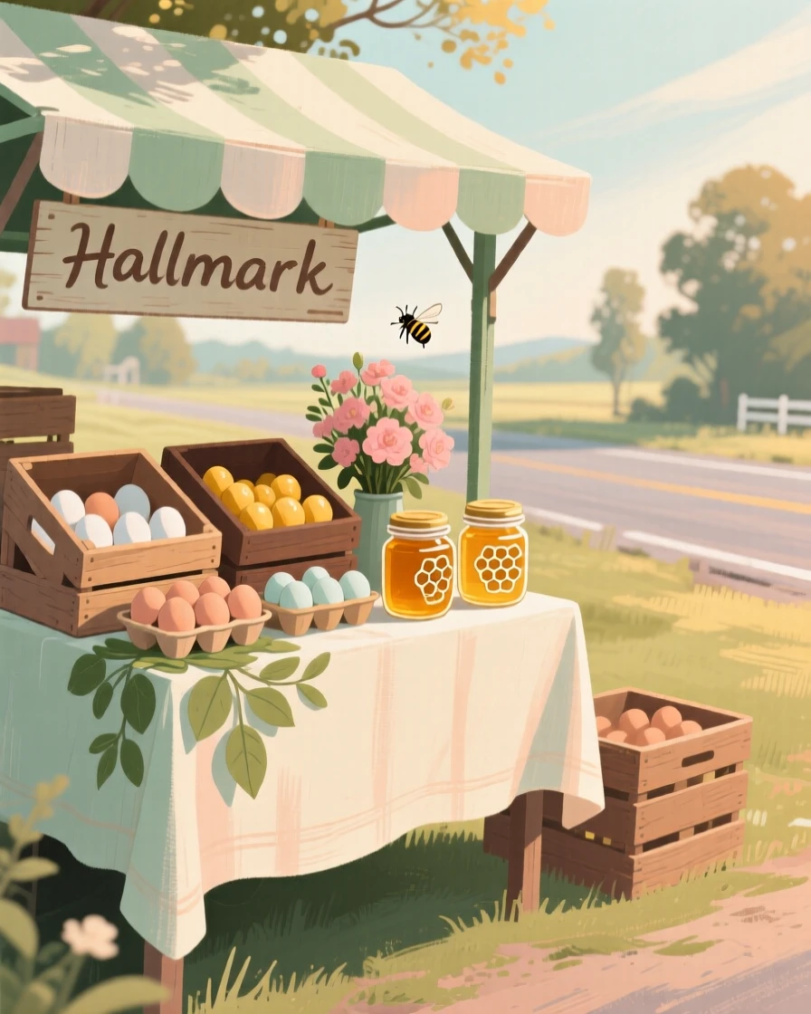 A rustic farm stand selling fresh eggs and honey by the road