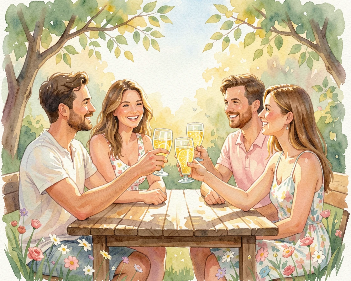 Friends toasting with lemonade at a summer gathering as golden light bathes the scene.