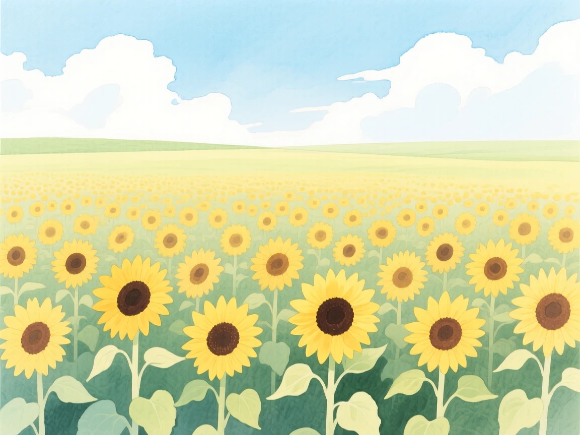A field of sunflowers stretches to the horizon under a bright summer sky dotted with fluffy white clouds