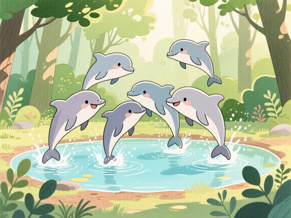 A close-up portrait of a playful dolphin pod in a quiet forest clearing.