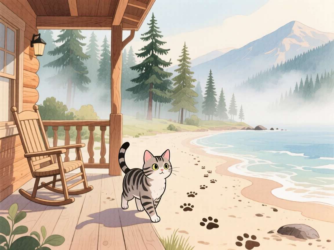 A tabby cat following a trail of paw prints across a beach, set in a mountain cabin porch overlooking misty pines, sparking a feeling of tender nostalgia.