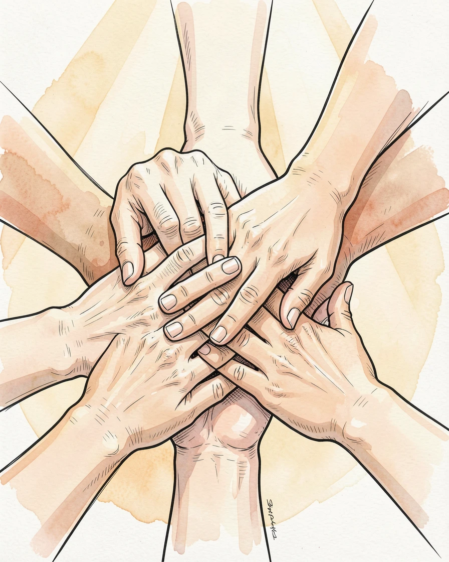 A row of hands stacked together in a circle of encouragement, soft light breaking through to suggest new beginnings.