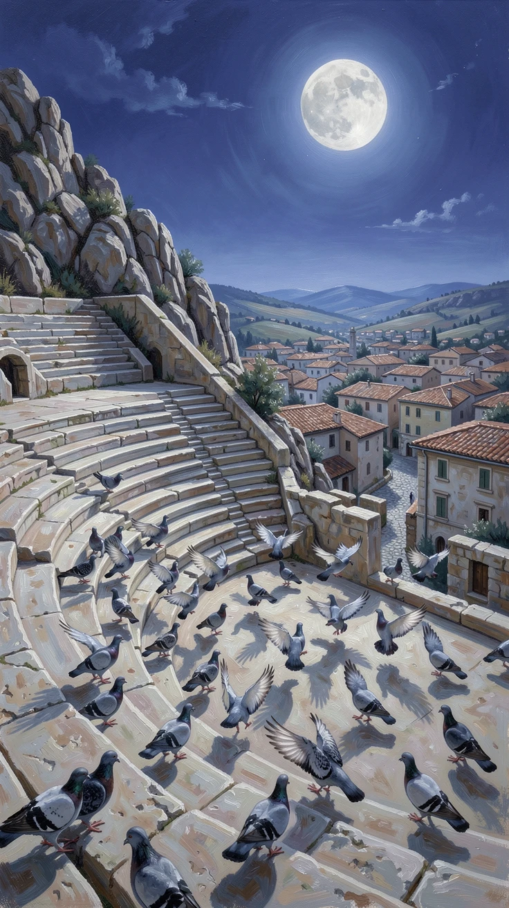 An ancient amphitheater carved into a hillside, a flock of pigeons scattering across the plaza, atop a hill overlooking a sprawling old town, under a full moon, casting long shadows across the courtyard.