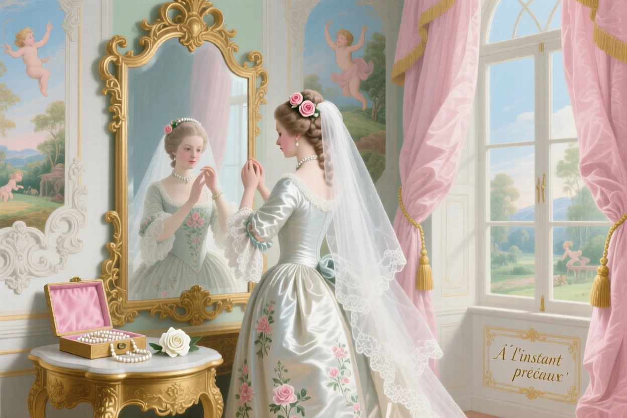 A young bride adjusting her veil in a mirror-lined chamber  