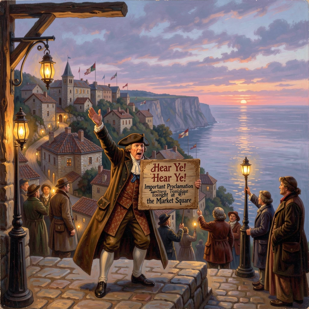 A town crier performs in a hilltop city overlooking the sea as evening lanterns are lit.