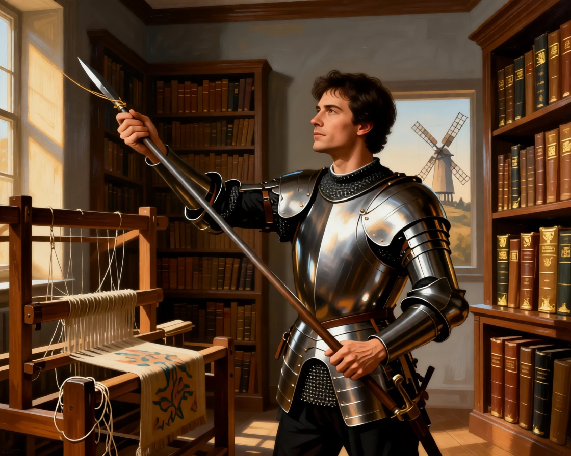 Don Quixote tilting his lance toward a distant windmill at the story's most enchanting and memorable turn, set within a cozy library filled with worn, beloved books, with an old wooden loom, tangled threads, and a half-finished tapestry; the composition frames the central figure like a page brought to life, suggesting the enduring power of myth and memory.