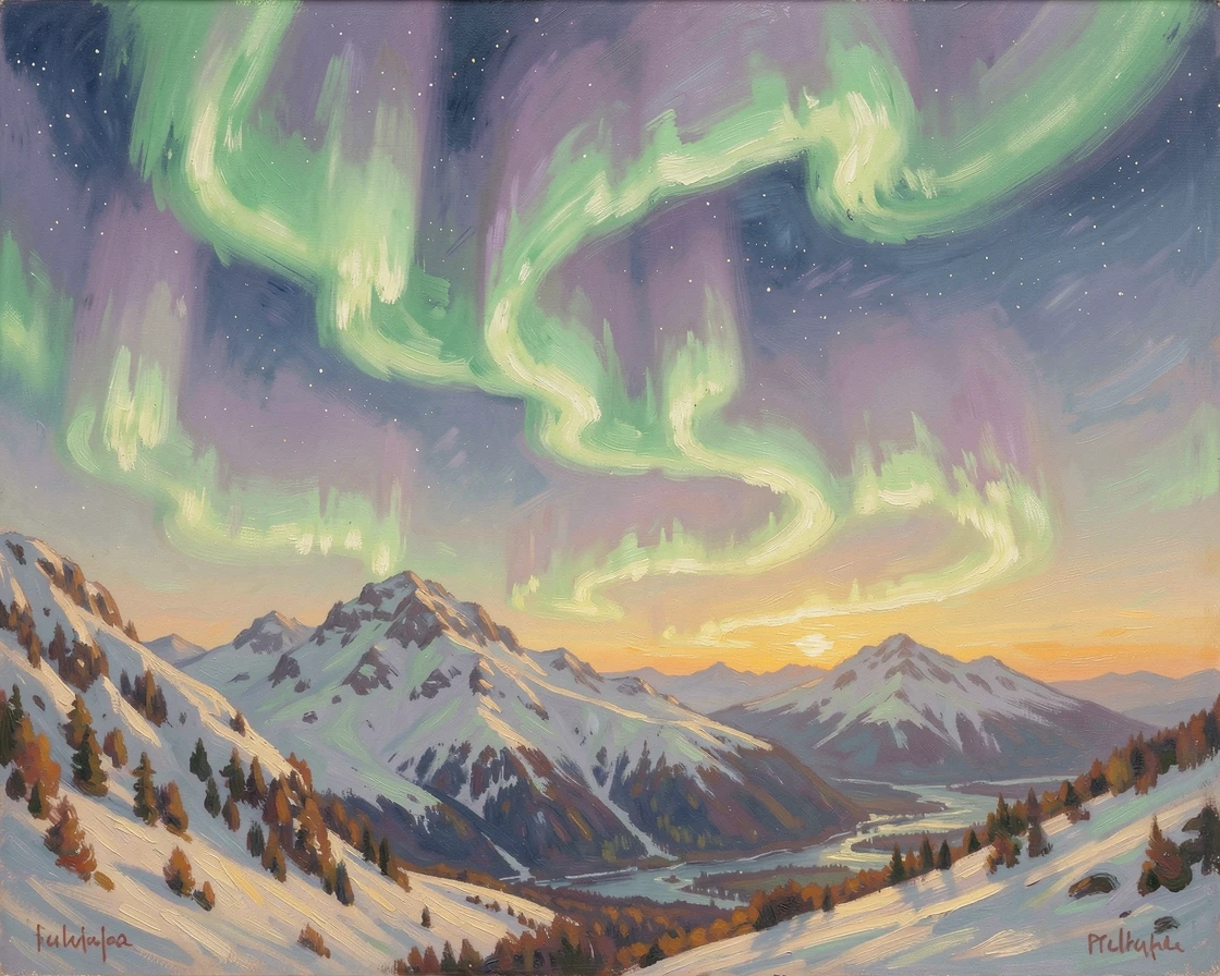 The aurora borealis dancing in brilliant green and purple ribbons above a snow-covered mountain range, in the golden days of autumn, inspiring awe at the beauty of the scene.
