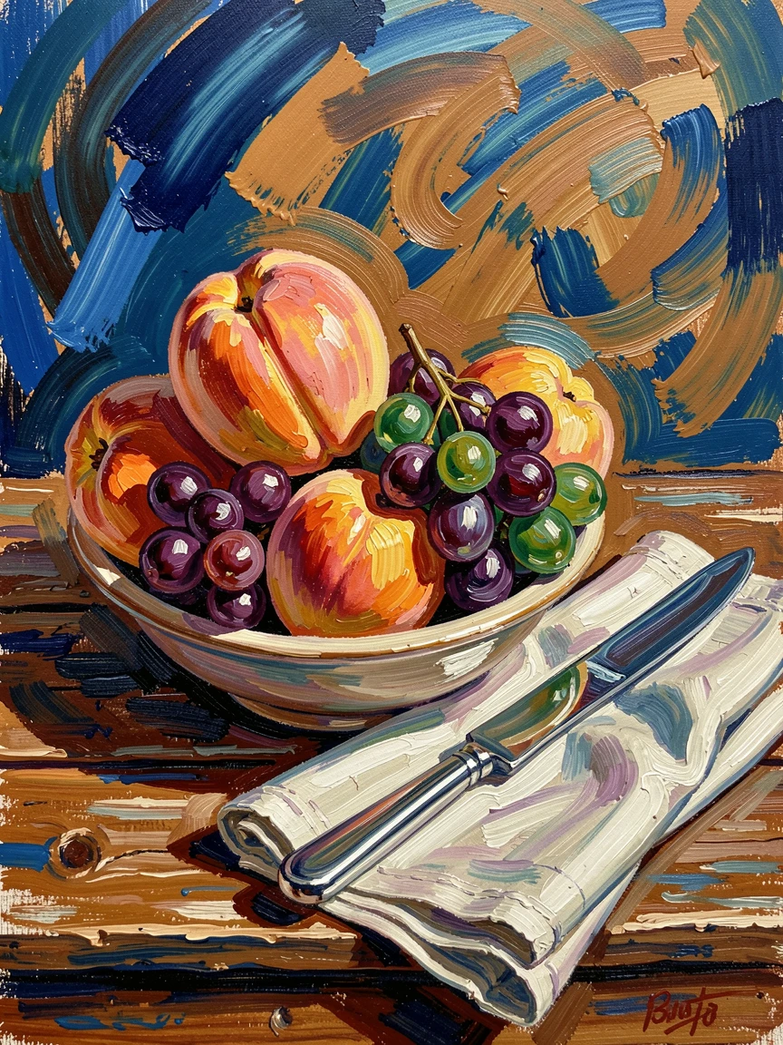A bowl of ripe peaches and grapes arranged beside a linen napkin and silver knife.