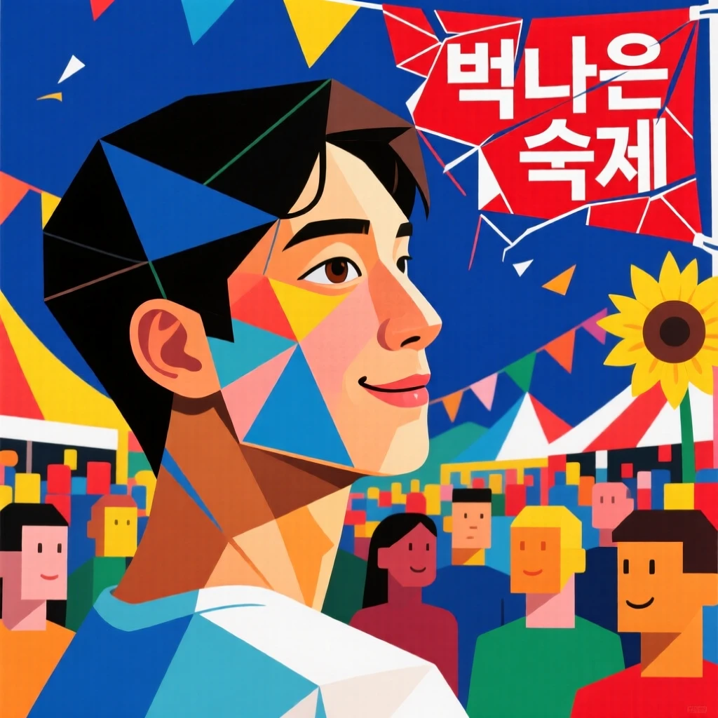 An intimate close-up of a young man of Korean heritage looking back over their shoulder with a soft smile, amid a colorful festival crowd.