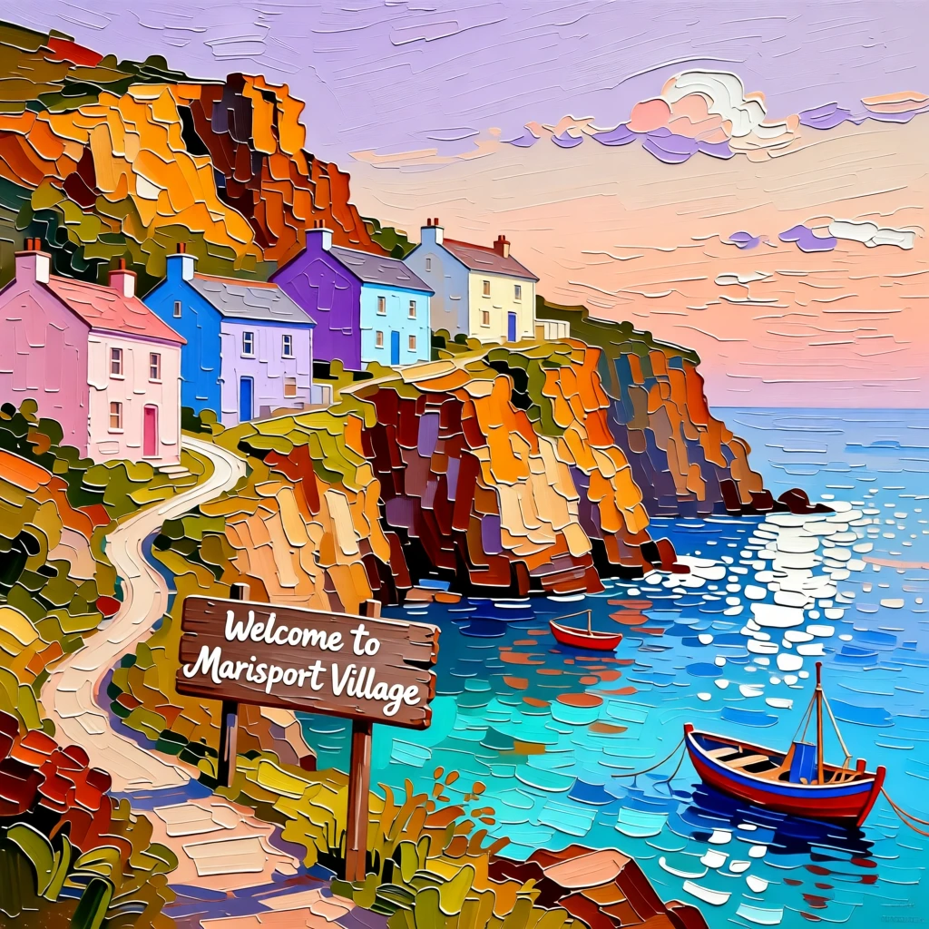 A pastel-colored fishing village clinging to steep cliffs above a sparkling bay