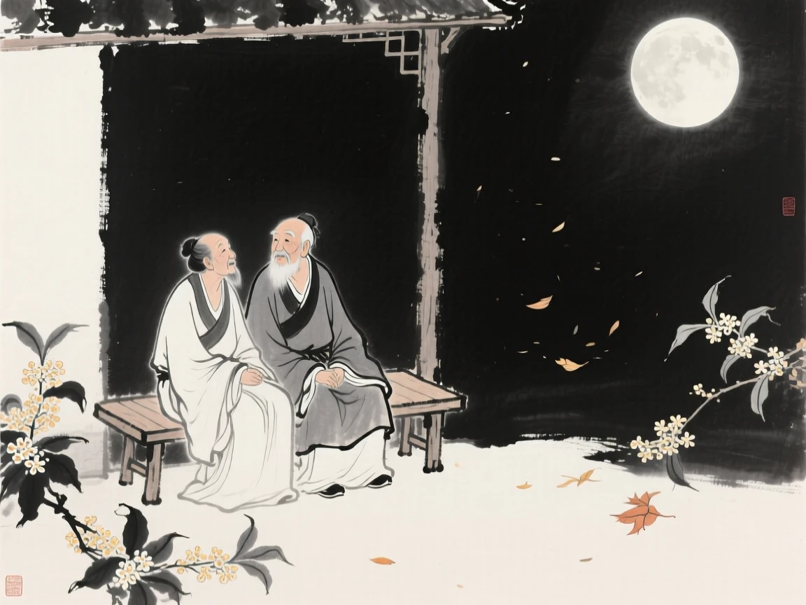 An elderly couple shares tea on their porch beneath the bright autumn moon, with the scent of osmanthus flowers filling the night air.