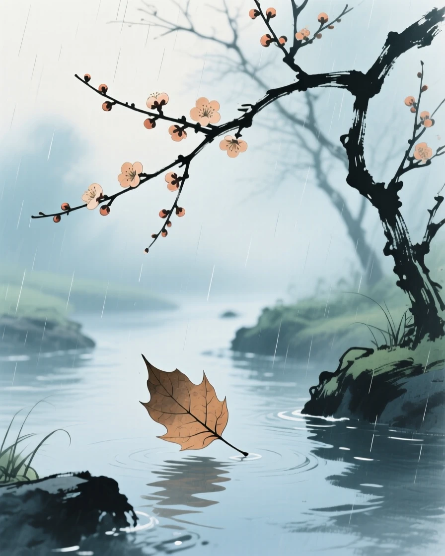 A single leaf drifting slowly down a still stream, as morning mist begins to lift, as the last plum blossoms cling to bare branches, in a gentle drizzle.