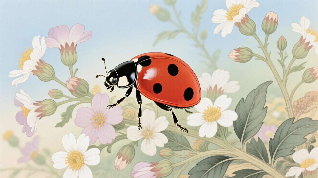 A ladybird beetle among a cluster of wildflowers at midday