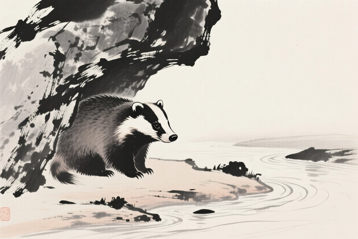A badger sheltering beneath overhanging rock along the bank of a quiet river, captured in profile against a soft, empty background, evoking the gentle rhythm of the natural world.