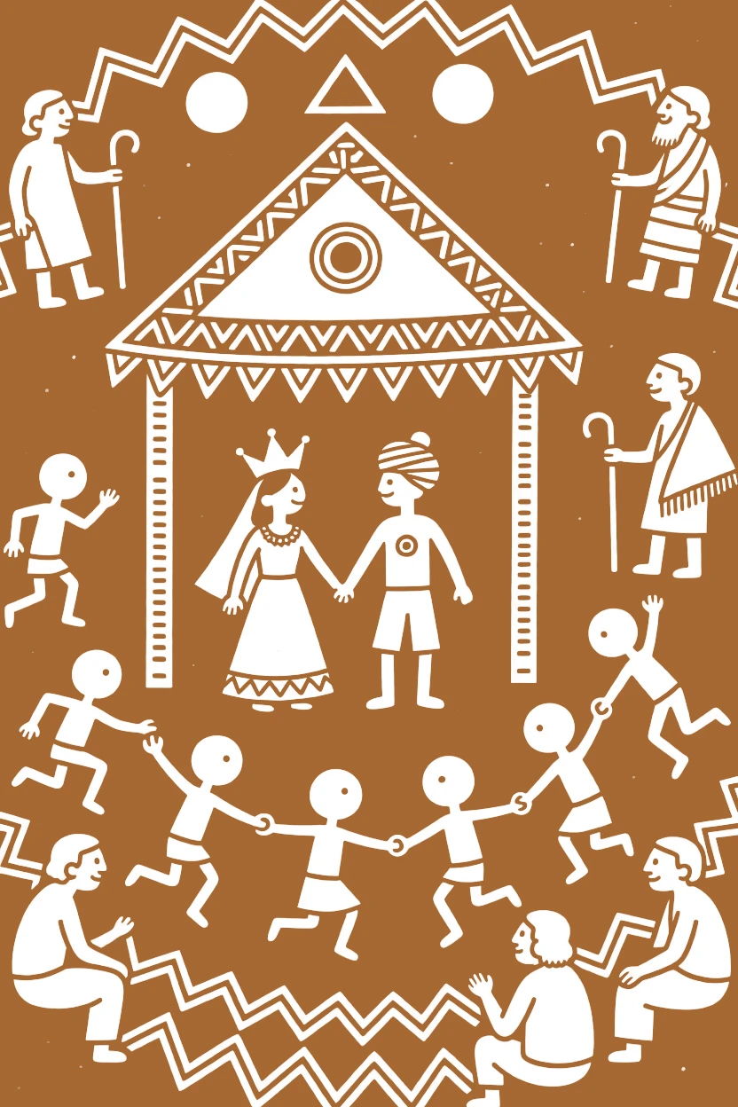 A composition centered on a wedding canopy ringed by children playing and elders watching.