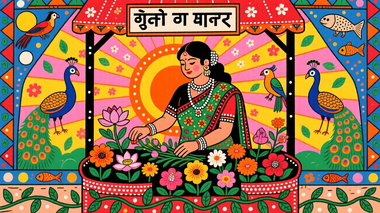 A woman arranging fresh flowers in a market stall at sunrise.