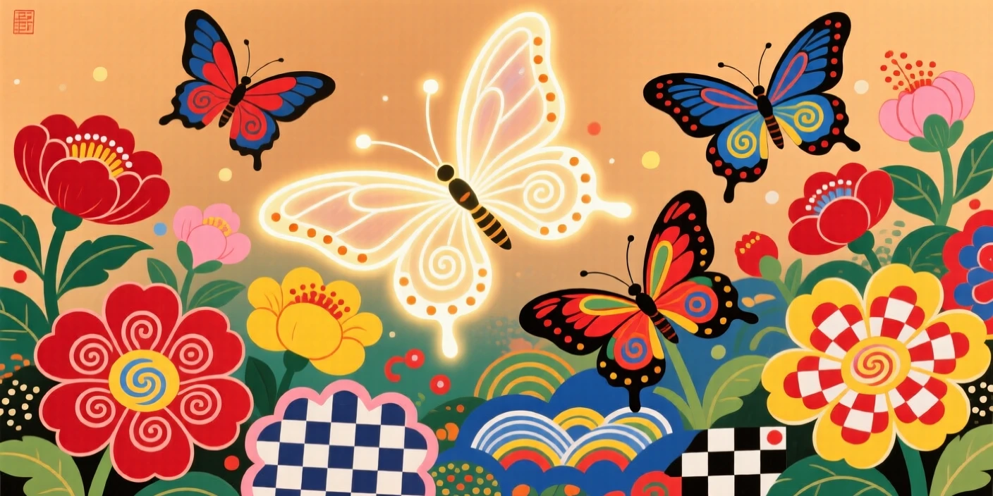 A magical garden where butterflies made of light drift among the flowers.