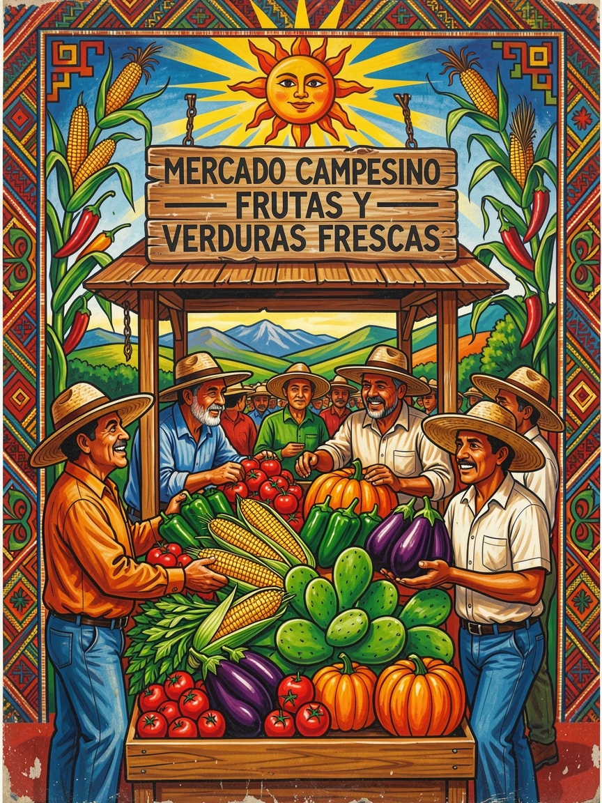 A farmer's market stand piled high with fresh produce