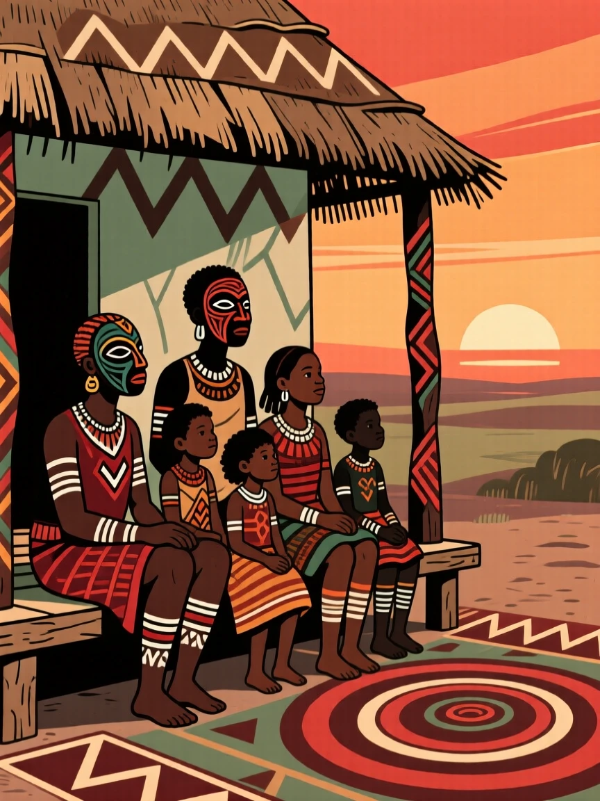 A family gathered on the porch of their thatched home at sunset.