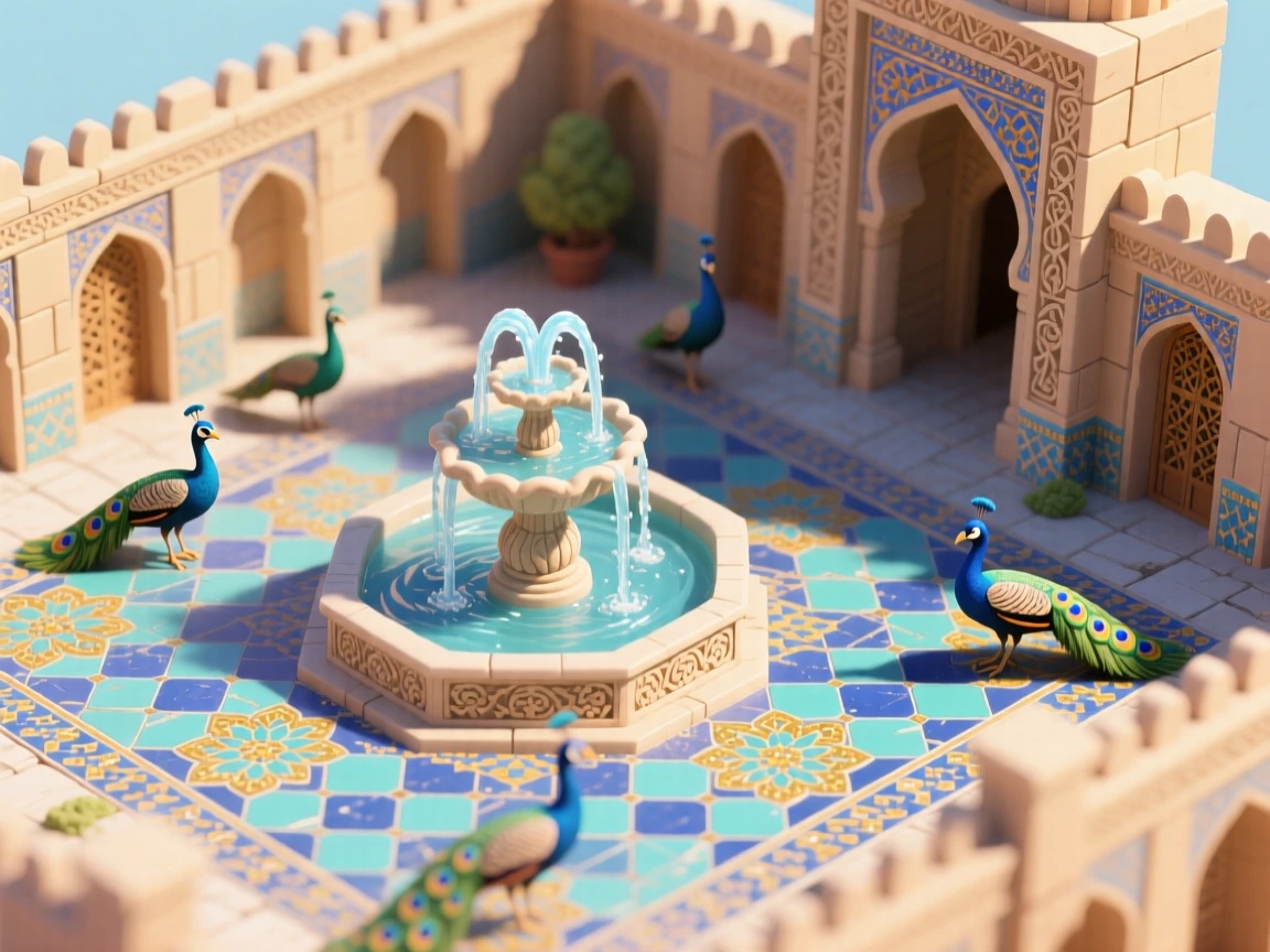 An ancient Persian palace courtyard with intricate tile mosaics, a fountain at its center, and peacocks strolling nearby.