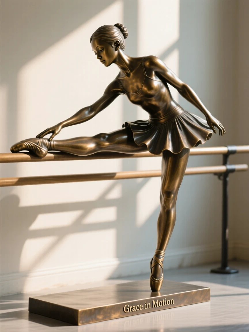 A young dancer stretching at a sunlit barre, with fine, expressive facial detail, forming a strong central focal point