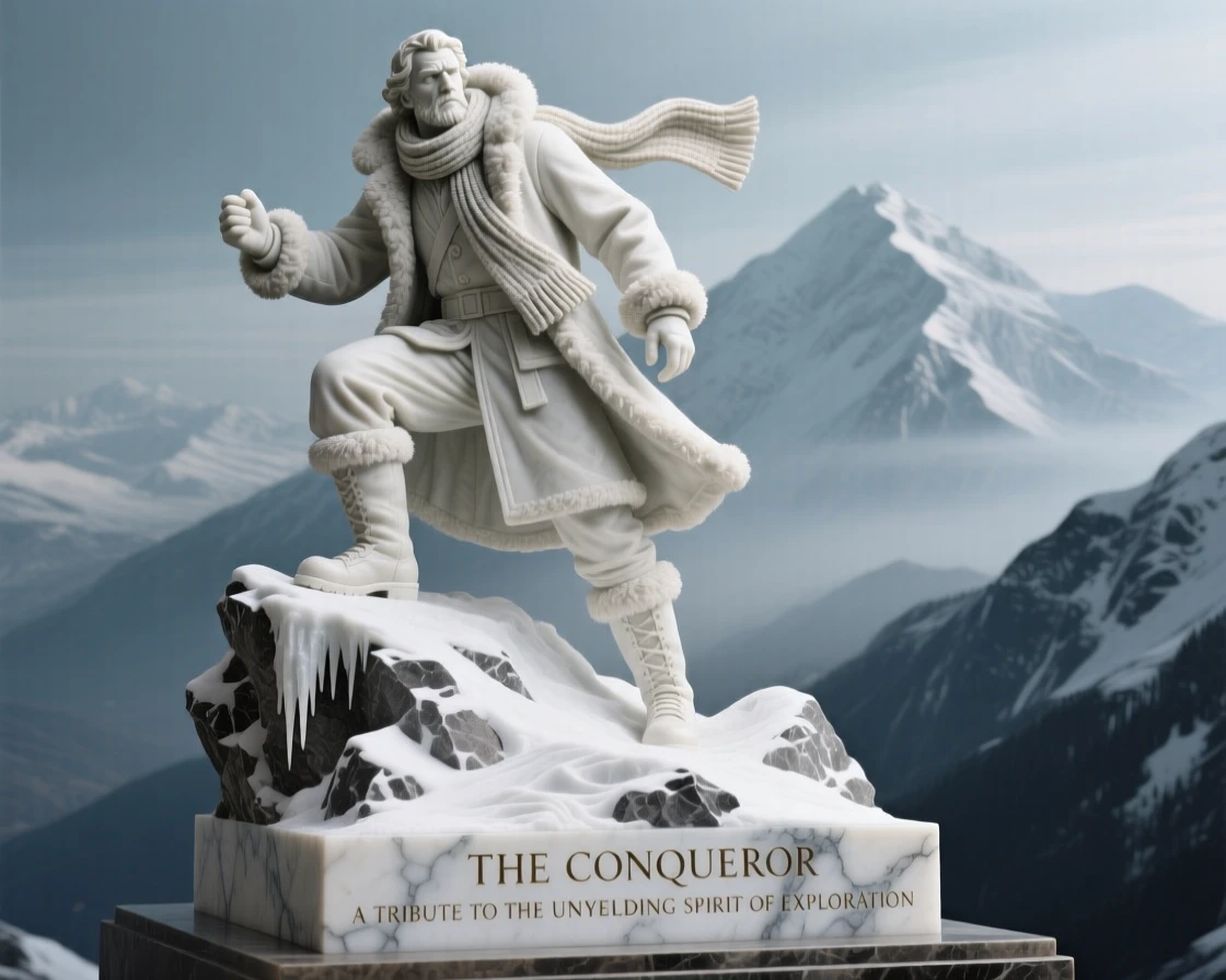 An evocative depiction of a fearless explorer atop a snowy peak, captured with cinematic depth and detail, balancing detail with emotional depth