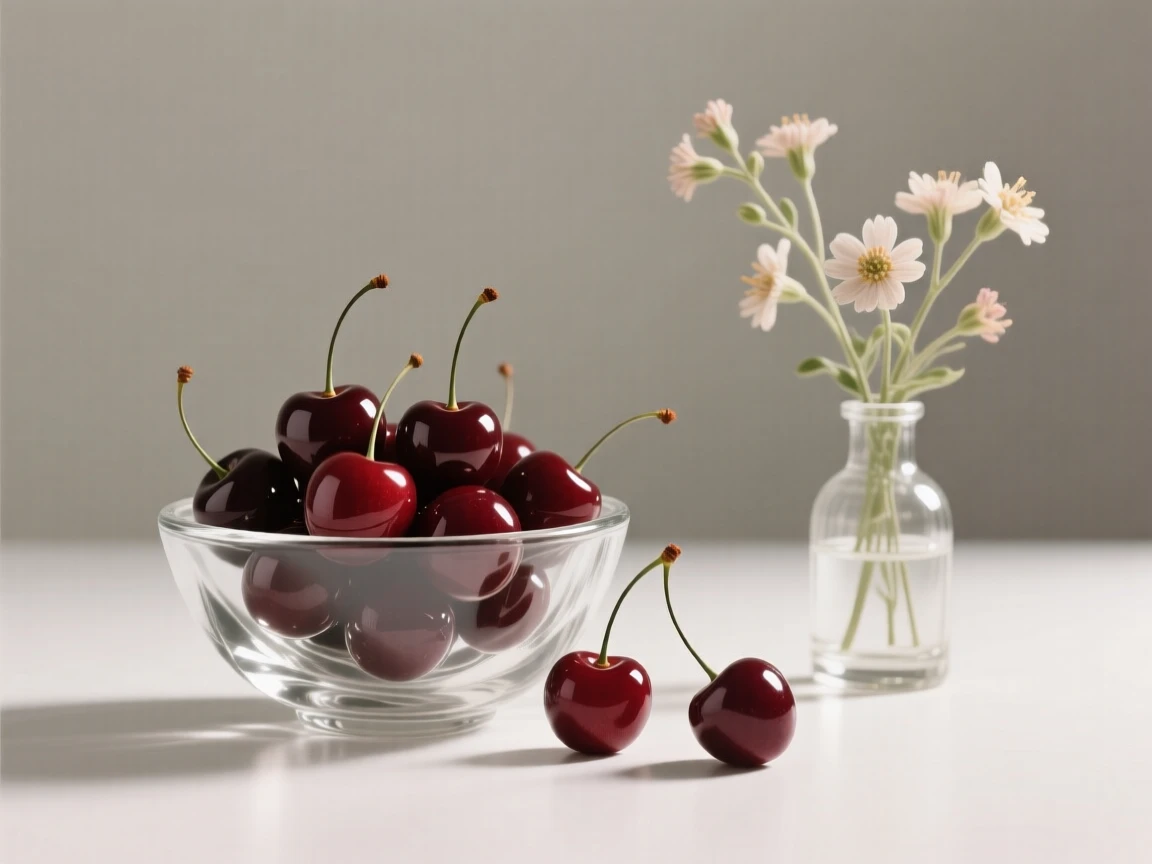 A bowl of cherries spilling gently across a table, beside a small vase of freshly cut flowers