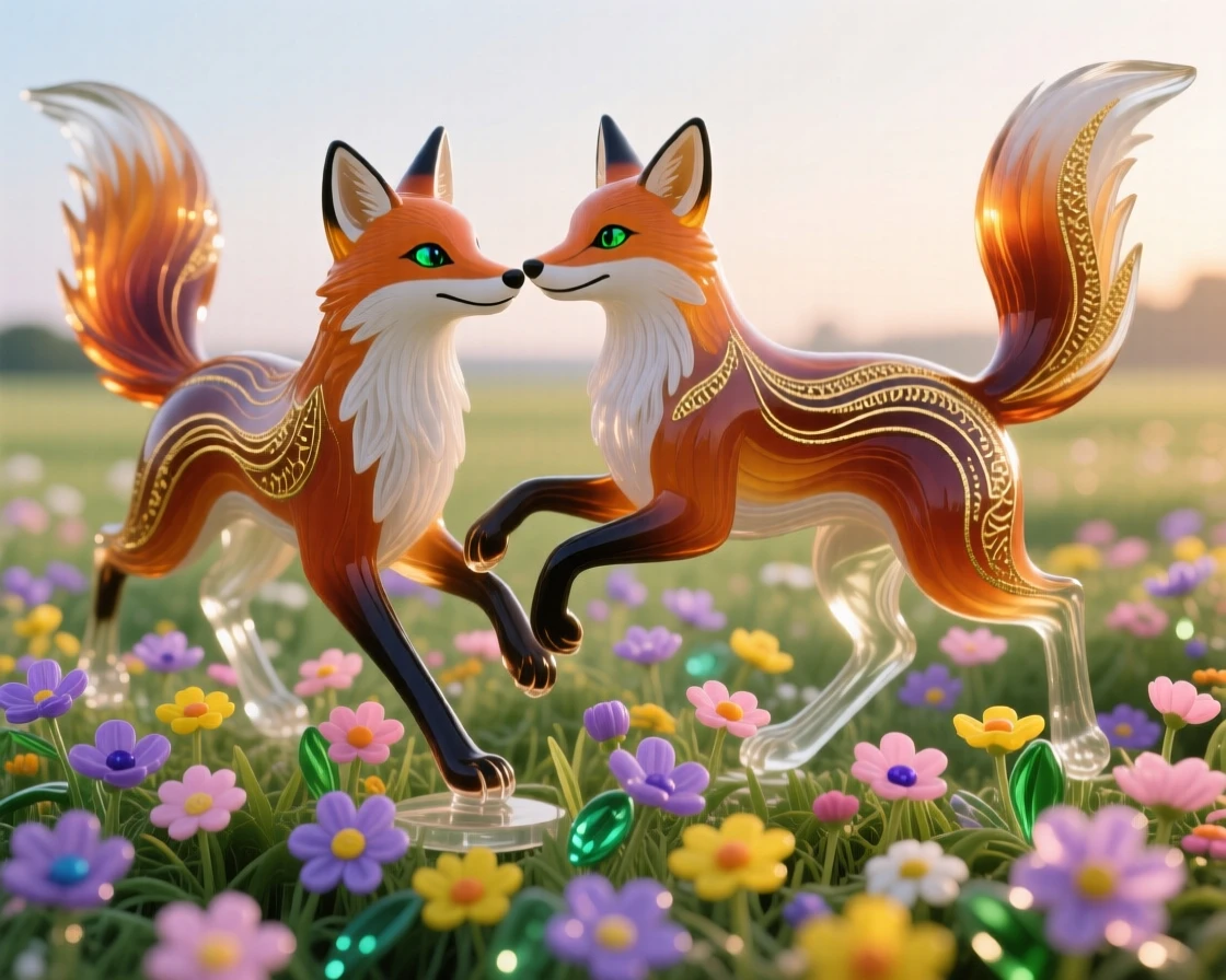 A pair of foxes playing together in a field of blooming wildflowers at the crack of dawn, playful and joyful.