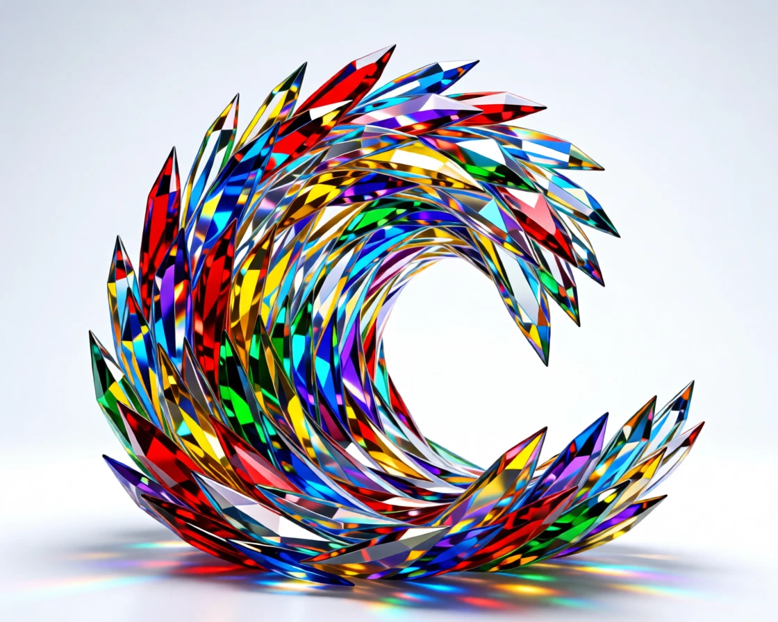 An abstract explosion of colorful glass shards forming a shimmering wave.