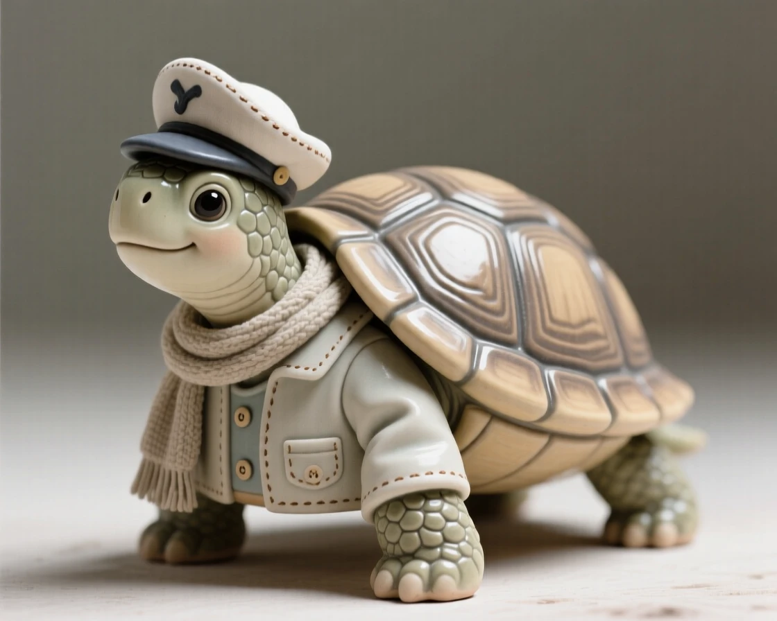 A turtle wearing a tiny sailor's cap captured in a charming, storybook moment, dressed in small, carefully stitched garments, evoking childlike wonder and gentle humor.