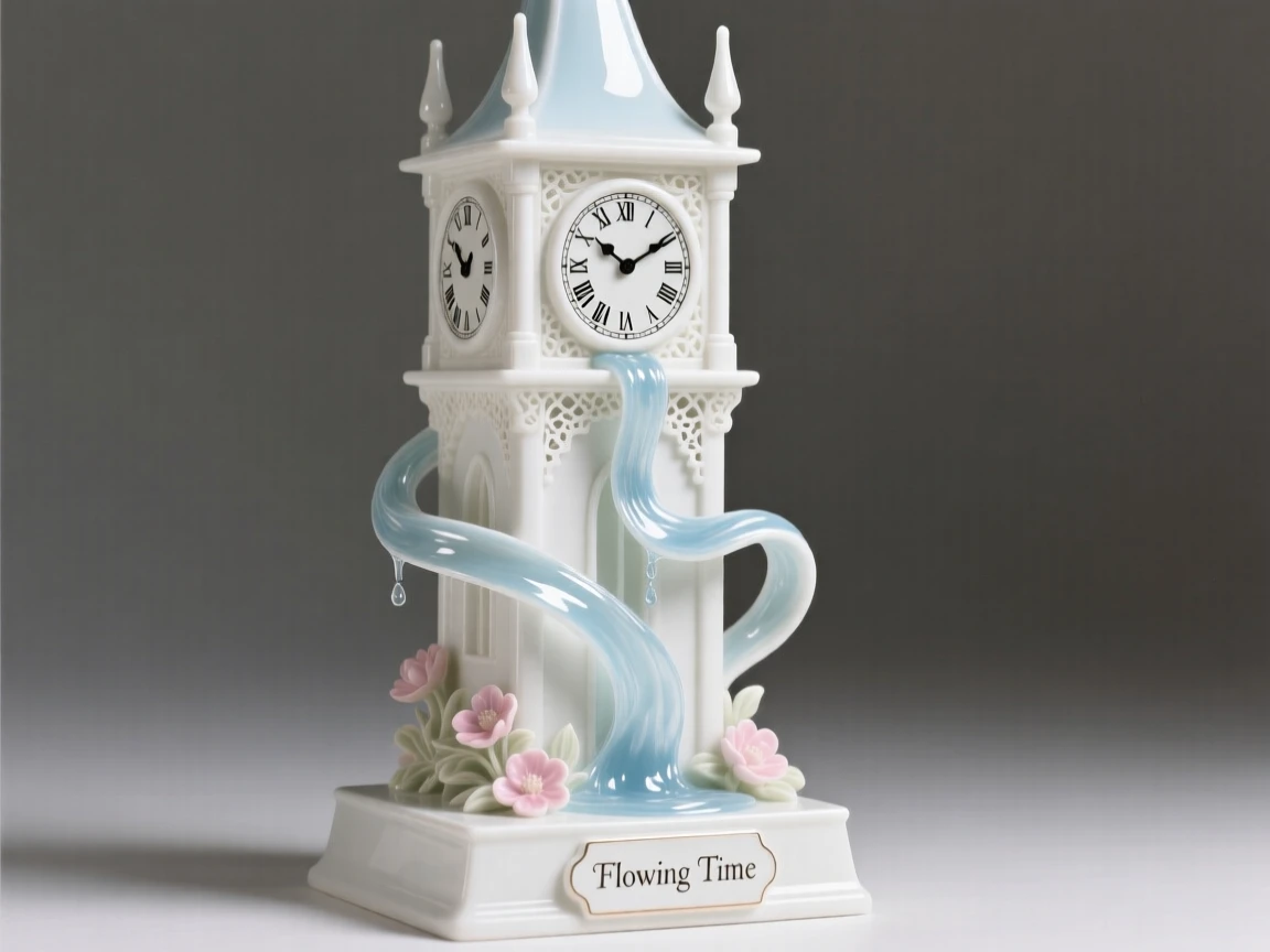 An imaginative vision of a clocktower where time visibly flows like water, radiating a hushed, storybook wonder.