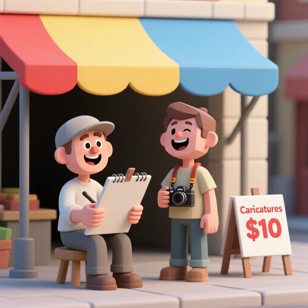A cheerful street artist sketches a caricature of a laughing tourist beneath a colorful market awning.