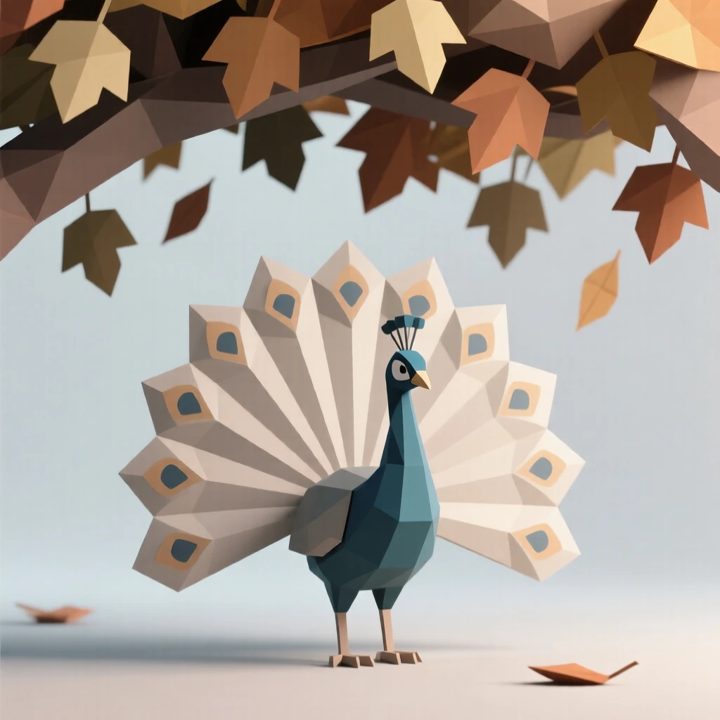 A peacock fanning its iridescent tail feathers, under a canopy of autumn color. the composition centers the subject with a shallow depth of field. The scene feels calm and majestic.