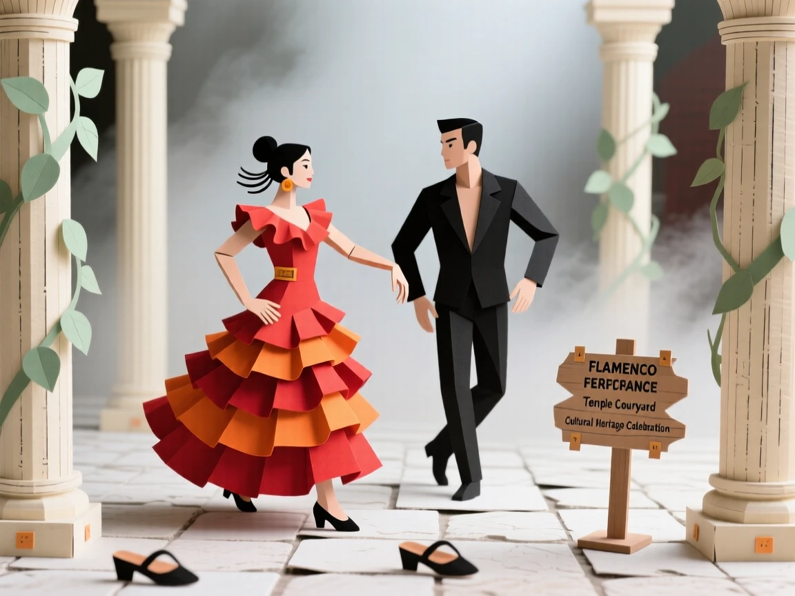 A vibrant flamenco performance moving quietly through a misty temple courtyard, with vibrant colors and fabrics on display, evoking deep cultural heritage and pride.
