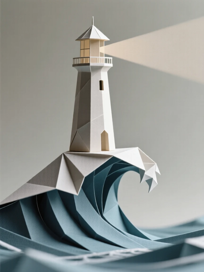 A lighthouse standing atop a single wave frozen at its highest point.