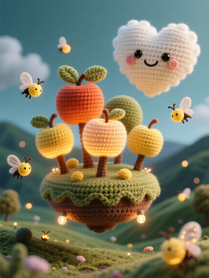 An imaginative scene of a small floating orchard carried by a gentle breeze heavy with tiny glowing apples, drifting above a quiet valley surrounded by softly glowing fireflies; a single drifting cloud shaped like a heart nearby, full of playful imagination brought to life.
