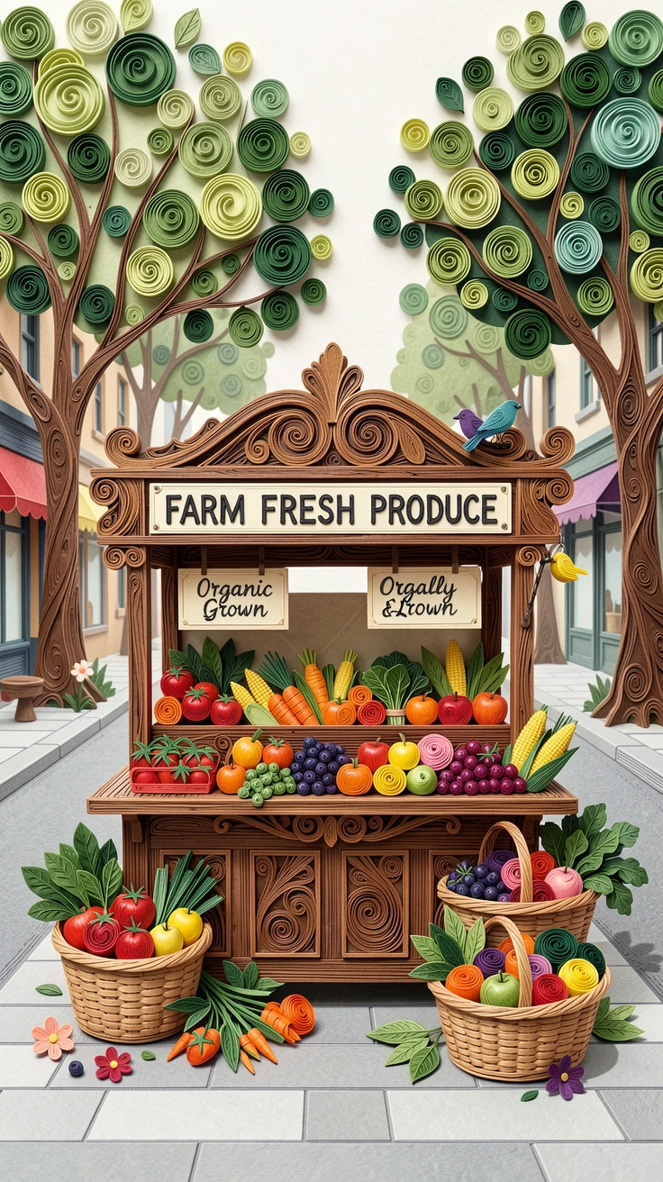 a farmers market stall overflowing with fresh produce, on a quiet tree-lined city street, arranged with a relaxed, candid, lifestyle feel, with lively pops of color scattered throughout the scene.